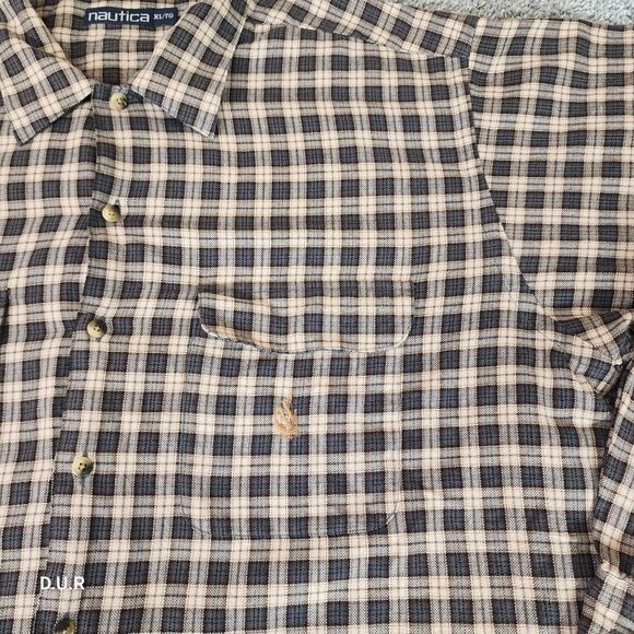 Vintage Nautica Shirt Men's XL Brown Tan Striped Long Sleeve Casual Pocket Logo - Picture 2 of 12
